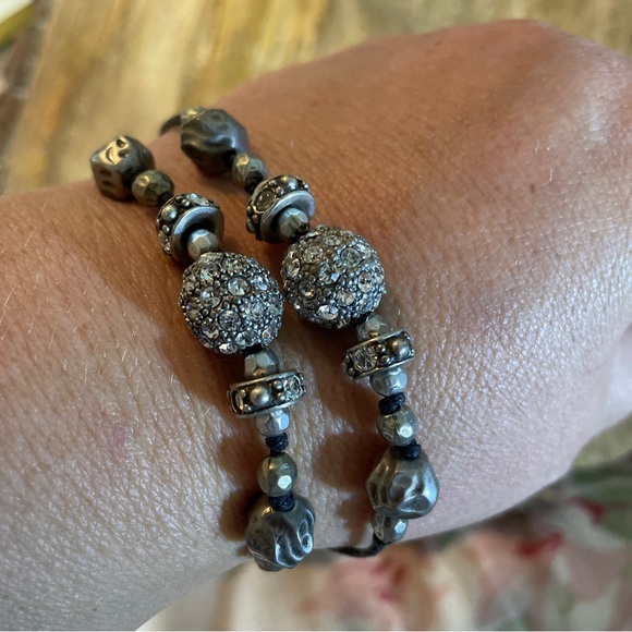 Adjustable Black String Bracelet Rhinestone Pearl Silver Tone Beads LARGE Wrist - Picture 13 of 14